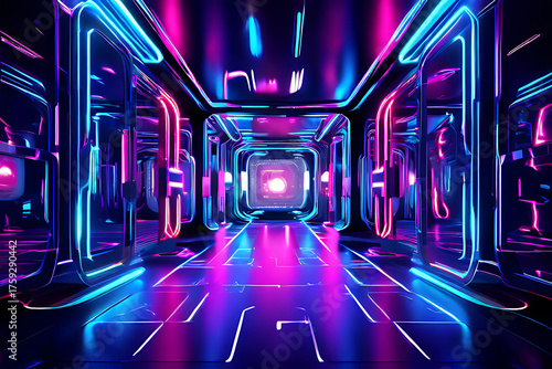 futuristic scifi tunnel corridor with glowing lights 3d rendering, Ai Generated
