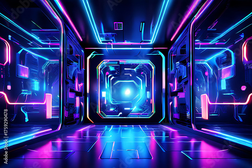 futuristic scifi tunnel corridor with glowing lights 3d rendering, Ai Generated
