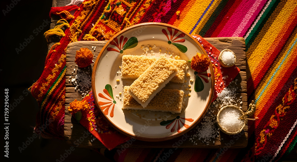 Fototapeta premium Delicious dessert presented on a plate with colorful background and decorative elements