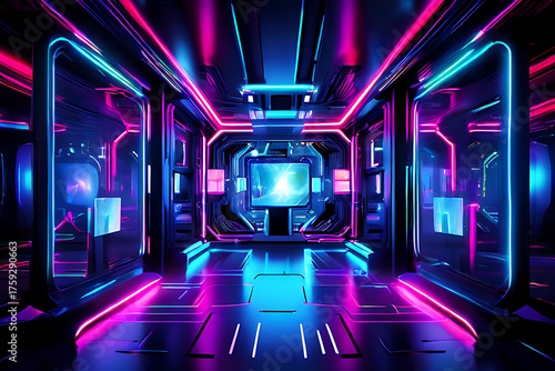 futuristic scifi tunnel corridor with glowing lights 3d rendering, Ai Generated
