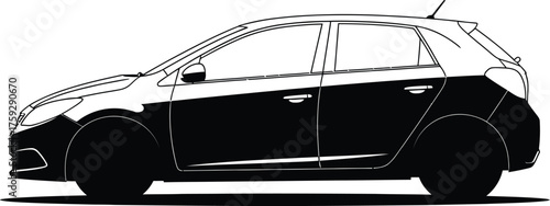 Side view of a compact hatchback car, showcasing its design and features isolated on white background