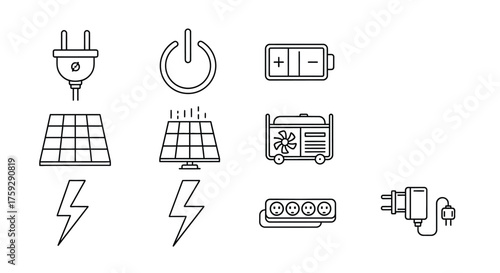 Hand drawn electricity energy icons power symbols featuring plug solar panel battery and lightning bolt vector