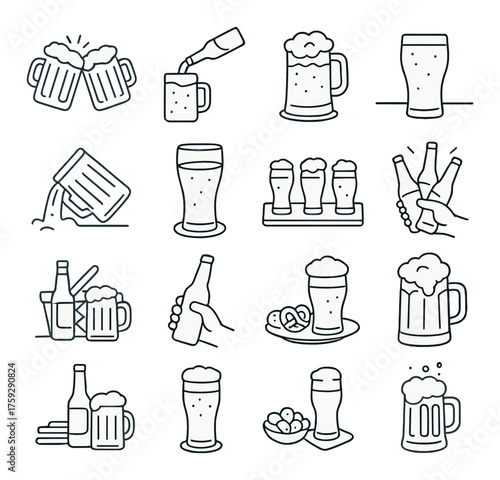 Assorted beer icons set depicting glasses, bottles, mugs, and toasting gestures