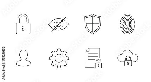 Set of cybersecurity icons representing security privacy data protection and technology concepts vector