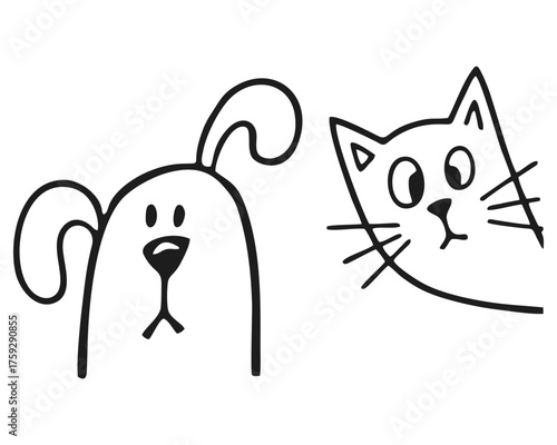 Vector isolated simple cartoon drawing Dog and Cat head. Surprised cat and surprised dog look peek out, black and white drawing on a white background.