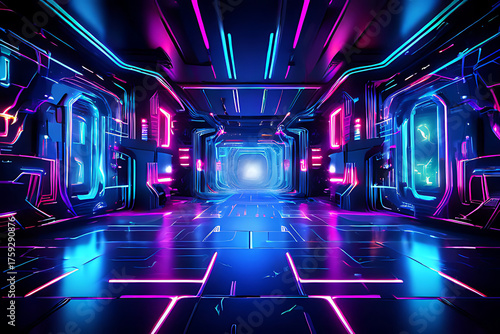 futuristic scifi tunnel corridor with glowing lights 3d rendering, Ai Generated
