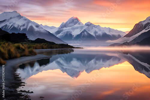 Clear Blue Alpine Lake with Snow Capped Mountains and Reflection, Dense fog envelops a quiet river at night, creating a mysterious atmosphere for nearby nature

