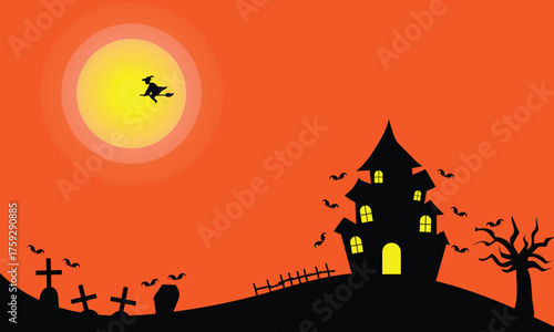 Halloween night background with haunted house, witch flying in front of full moon, and bats silhouette