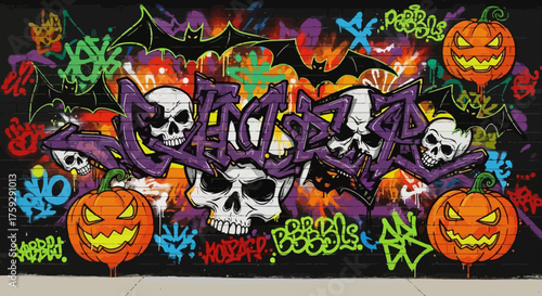 Vibrant Halloween graffiti mural explodes with spooky skulls, grinning pumpkins, and flying bats creating an electrifying urban art scene.