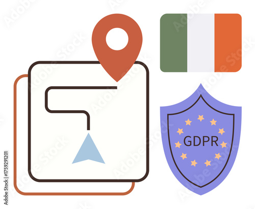 Map route with a location marker, Ireland flag, and GDPR shield illustrating data privacy, security, and regulations. Ideal for compliance, law, digital policy, governance localization protection