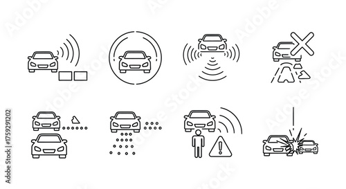 Modern automotive safety and driver assistance system icons for technology and transportation concepts vector