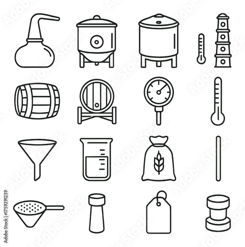 Distillery equipment icons: barrels, thermometer, fermentation tanks, and more