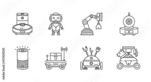 Set of hand-drawn robot icons showcasing futuristic technology and artificial intelligence vector