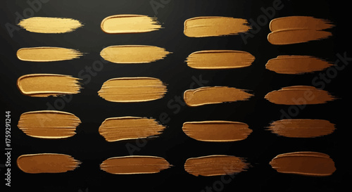 Collection of Twenty Realistic Golden Paint Brush Stroke Textures on a Dark Background Showing the Glittering Sparkle of Metallic Paint
