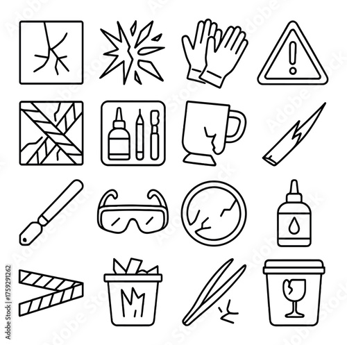 Safety icons: protective gear, hazard warnings, broken objects, and more