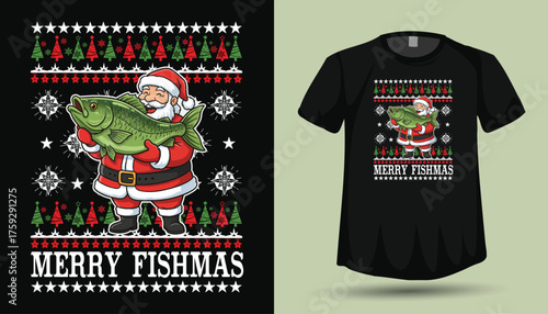 Merry Fishmas Ugly Christmas Sweater T-Shirt Design with Santa Holding a Giant Bass Fish