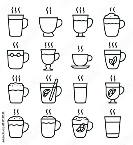 Variety of beverage icons: cups, mugs, herbal, citrus, steaming
