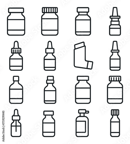 Collection of medicine bottles and inhaler icons on grey background