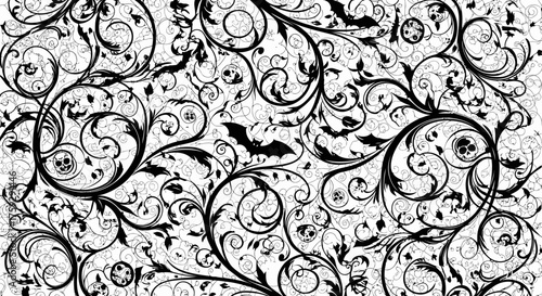Spooky Halloween black ornate swirls pattern with gothic skulls and flying bats creating a chilling vintage aesthetic for festive designs