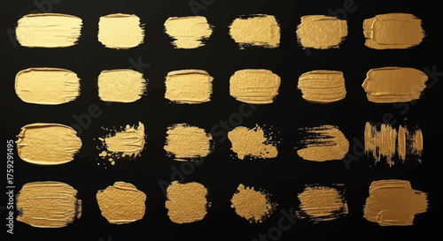 Collection of Twenty Four Textured Gold Paint Brush Strokes on Black Background Artistic Design Elements for Creative Projects
