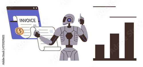 Robot holding invoice, digital interface with coin, bar chart symbolizing data analysis and financial growth. Ideal for finance, automation, AI, technology, data trends business innovation. Simple