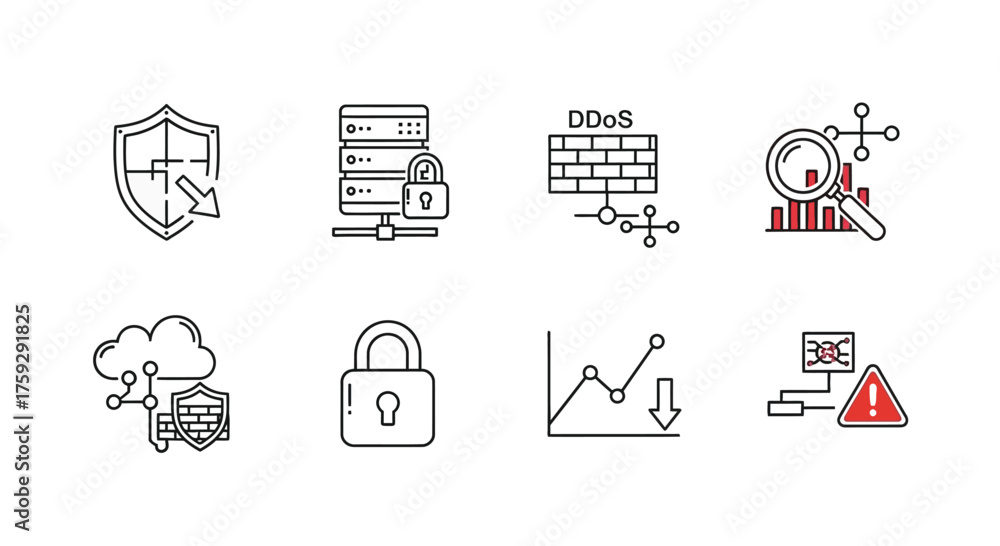 Fototapeta premium Cybersecurity icons collection digital security protection network data cloud server lock graph alert vector
