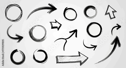 Collection of Hand Drawn Arrows and Circles Illustrating Direction and Flow in a Simple Sketchy Style on a White Background