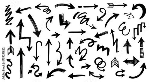A Collection of Hand Drawn Arrows in Various Styles Indicating Direction and Movement