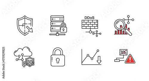 Cybersecurity icons collection digital security protection network data cloud server lock graph alert vector