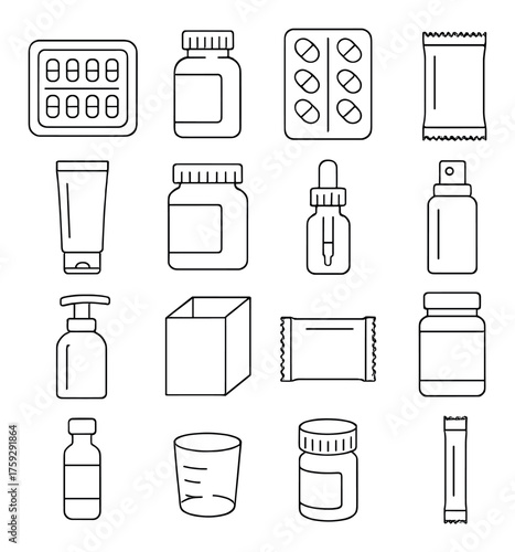 Black and white medical packaging icons - pills, bottles, tubes, sprays, and drops collection