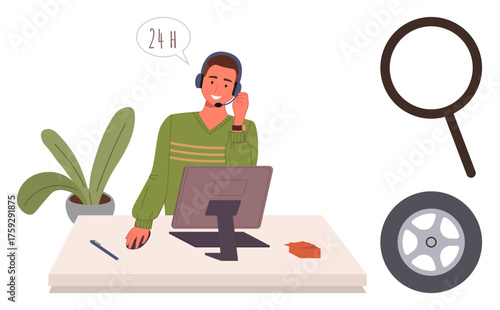Support agent using headset at computer desk, 247 speech bubble. Nearby magnifying glass, car wheel. Ideal for customer service, support, troubleshooting, automotive, remote work efficiency