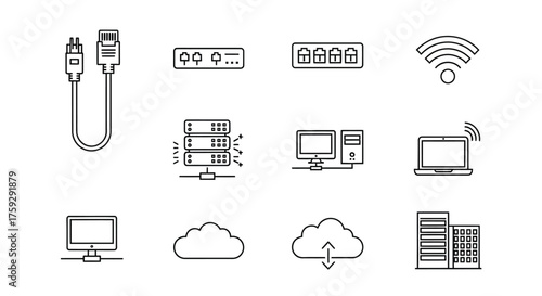 Network technology icons collection with computer hardware server cloud wifi and cable connections vector
