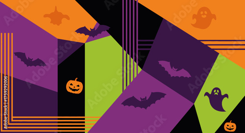 Spooky Halloween geometric pattern featuring flying bats grinning pumpkins and playful ghosts in vibrant purple orange green and black