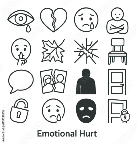 Symbols of emotional hurt and sadness: heartbreak, isolation, and tears