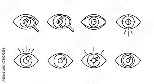 Collection of stylized eye icons representing vision search focus and observation concepts vector