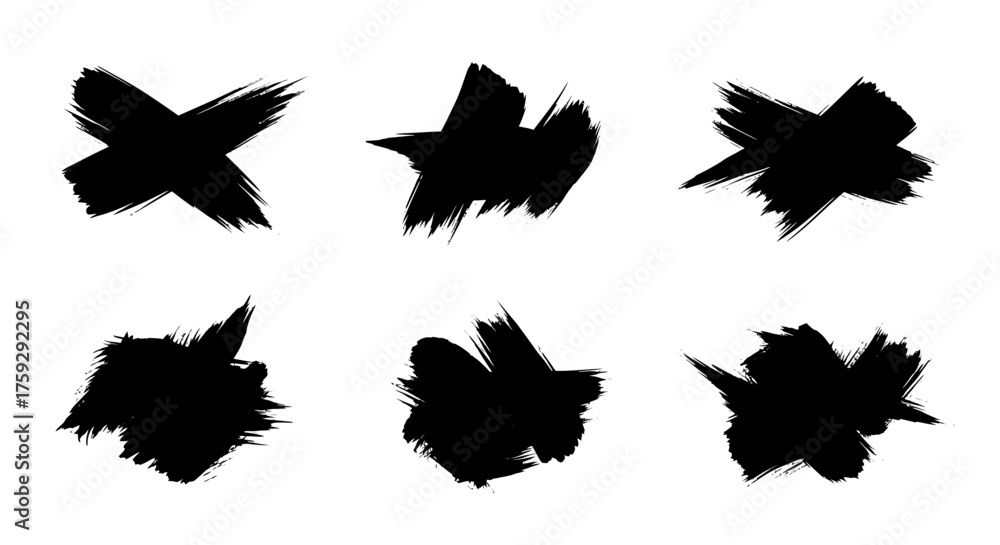 Fototapeta premium Collection of Six Expressive Black Ink Brush Stroke Marks Symbolizing Errors Rejection or Cancellation for Design Projects