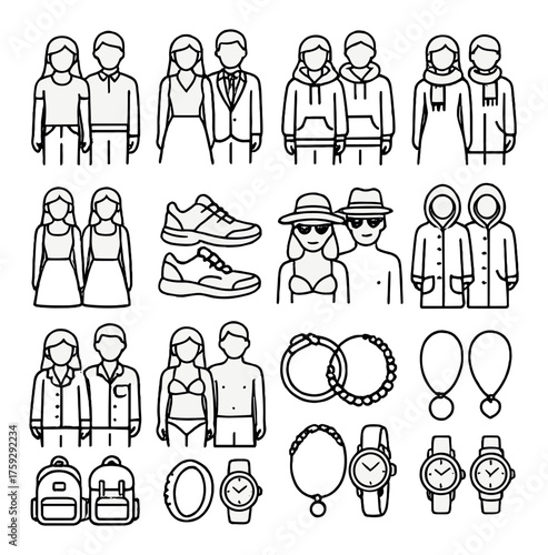 Icon set: diverse outfits and accessories featuring male and female figures