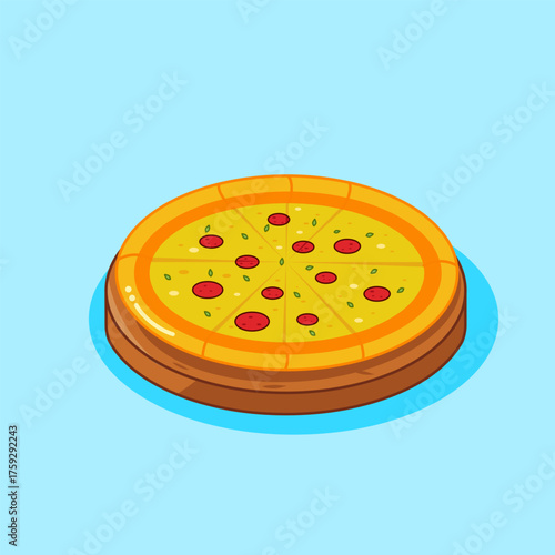Delicious Flat Design Pizza with Pepperoni and Basil On Plate Vector Illustration Cartoon Design