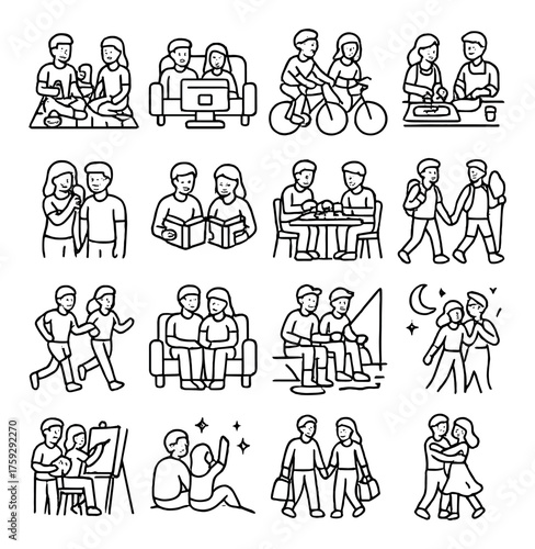 Diverse people engaging in hobbies and daily activities in icon illustrations