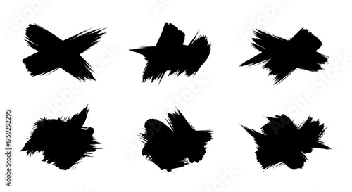 Collection of Six Expressive Black Ink Brush Stroke Marks Symbolizing Errors Rejection or Cancellation for Design Projects