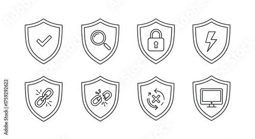 Security shield icons featuring checkmark lock magnifying glass lightning bolt lock and more vector