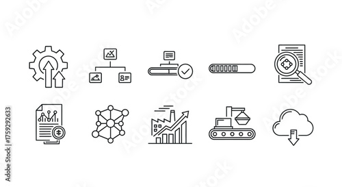 Collection of technology and industry icons symbolizing digital transformation and data management in business operations vector