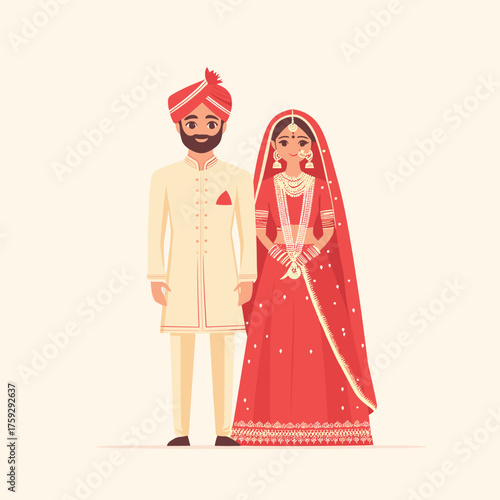 Stylized Portrait of Couple in Red Lehenga and Cream Sherwani
