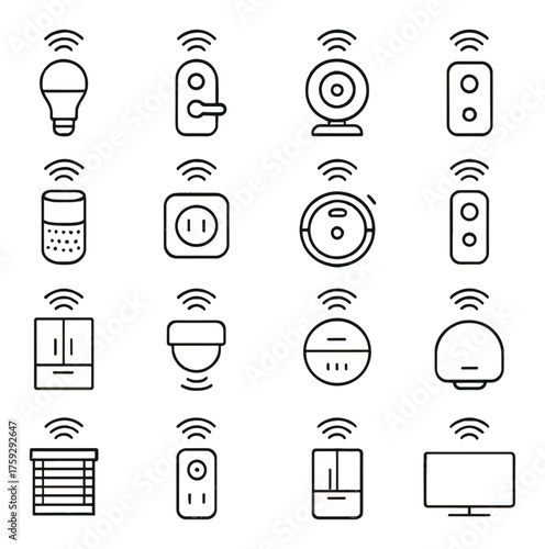 Smart home technology icons set: light bulbs, cameras, door locks, and speakers