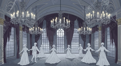 Eerie spectral figures dance in a dimly lit, cobweb-draped ballroom under ornate chandeliers, evoking a hauntingly elegant atmosphere for Halloween or gothic themes.