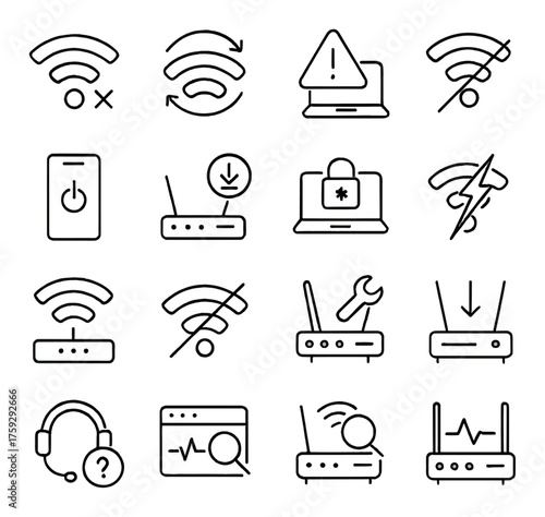 Wifi connectivity and troubleshooting icons set for network issues and solutions