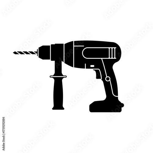 Black and white silhouette icon of a professional electric or cordless power drill with an auxiliary handle and drill bit