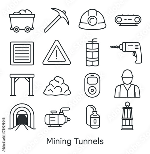 Mining equipment icons: tools, safety, construction, industry, tunnel