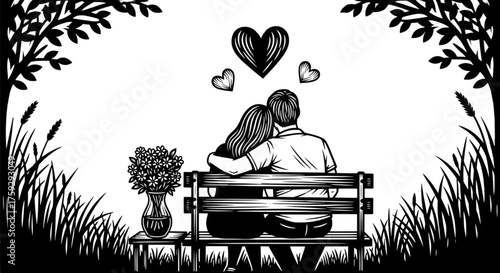 Romantic Couple Hugging on Park Bench with Hearts Perfect for Valentine's Day Web Design
