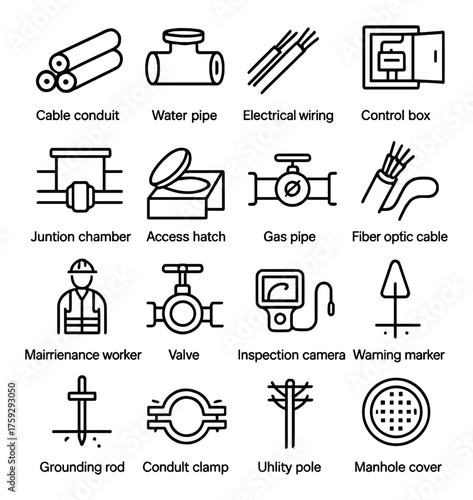 Infrastructure icons set featuring pipes, electrical wiring, maintenance worker, and tools